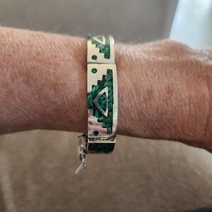 Taxco 925 Silver With  Green Malachite Inlay Geometric Design Bracelet
